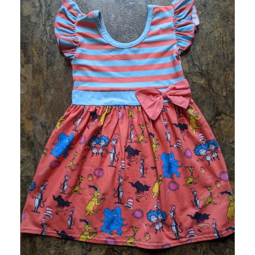 DR. SEUSS Little Girls Dress Horton Lorax Orange Blue Stripes Bow Size 5T